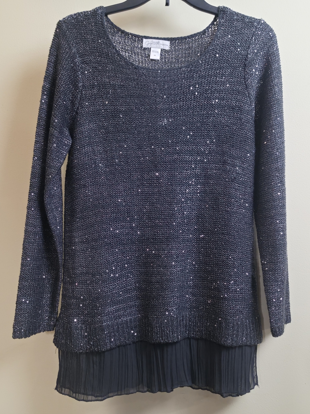 Jaclyn Smith Charcoal Gray Sparkle Knit Layered Hem Sweater